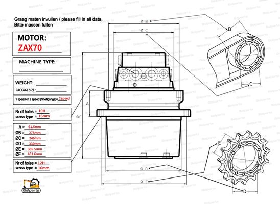 হিটাচি EX60-2 ZX70 EX75 EX60-5 খননকারীর ভ্রমণ মোটর 9069509